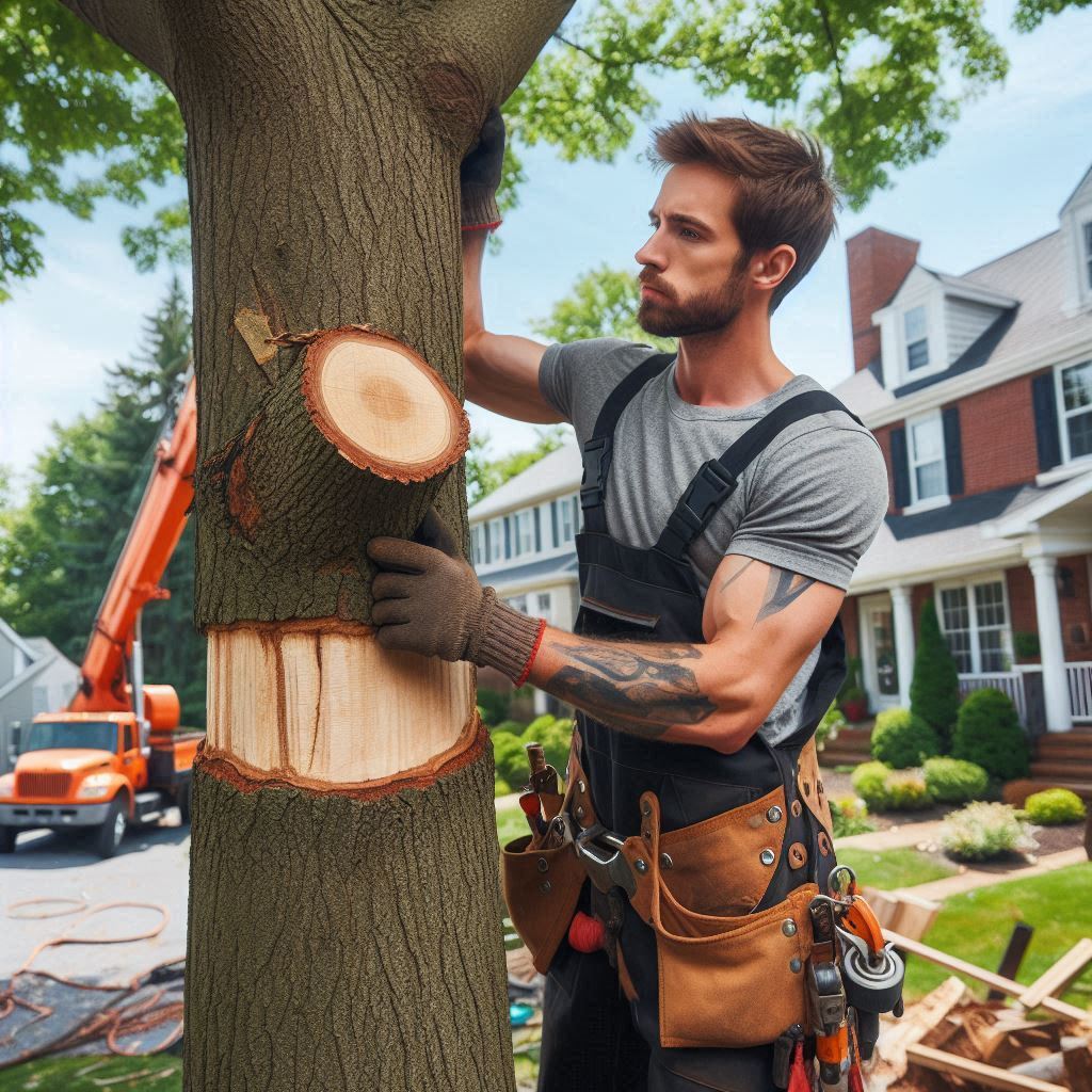 Tree removal expert performing maintenance on a typical Florida home's trees